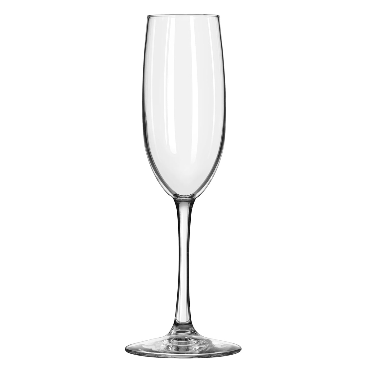 Libbey Vina 8 oz. flute glass, empty, showing tall narrow bowl and elegant stem on white background