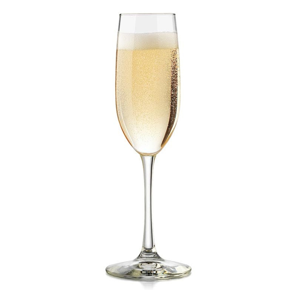 Libbey Vina flute glass filled with sparkling champagne on white background, showing fine bubbles