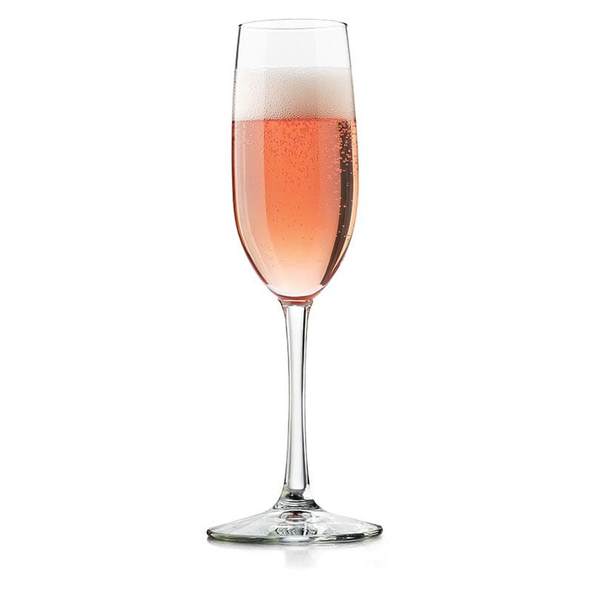 Libbey Vina flute glass filled with sparkling rosé on white background