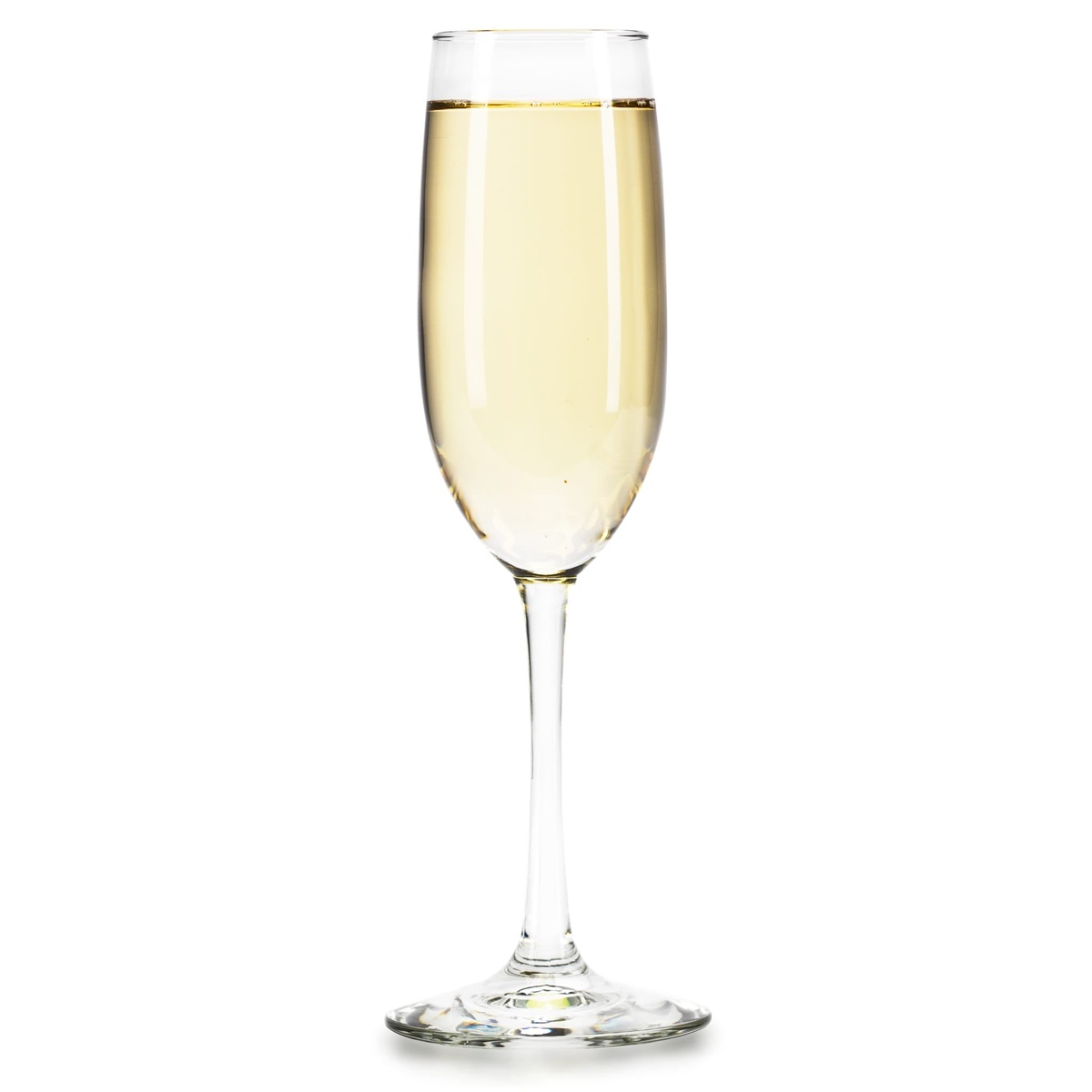 Libbey Vina flute glass filled with golden champagne on a white background