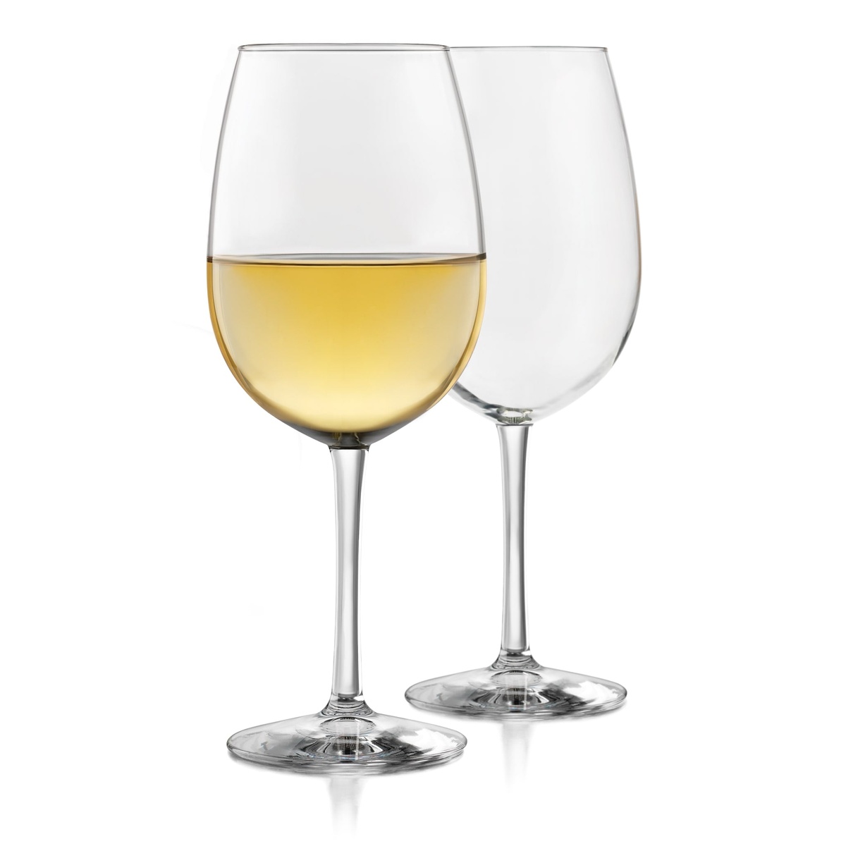 Two Libbey Vina tall wine glasses, one filled with white wine and one empty, on white background