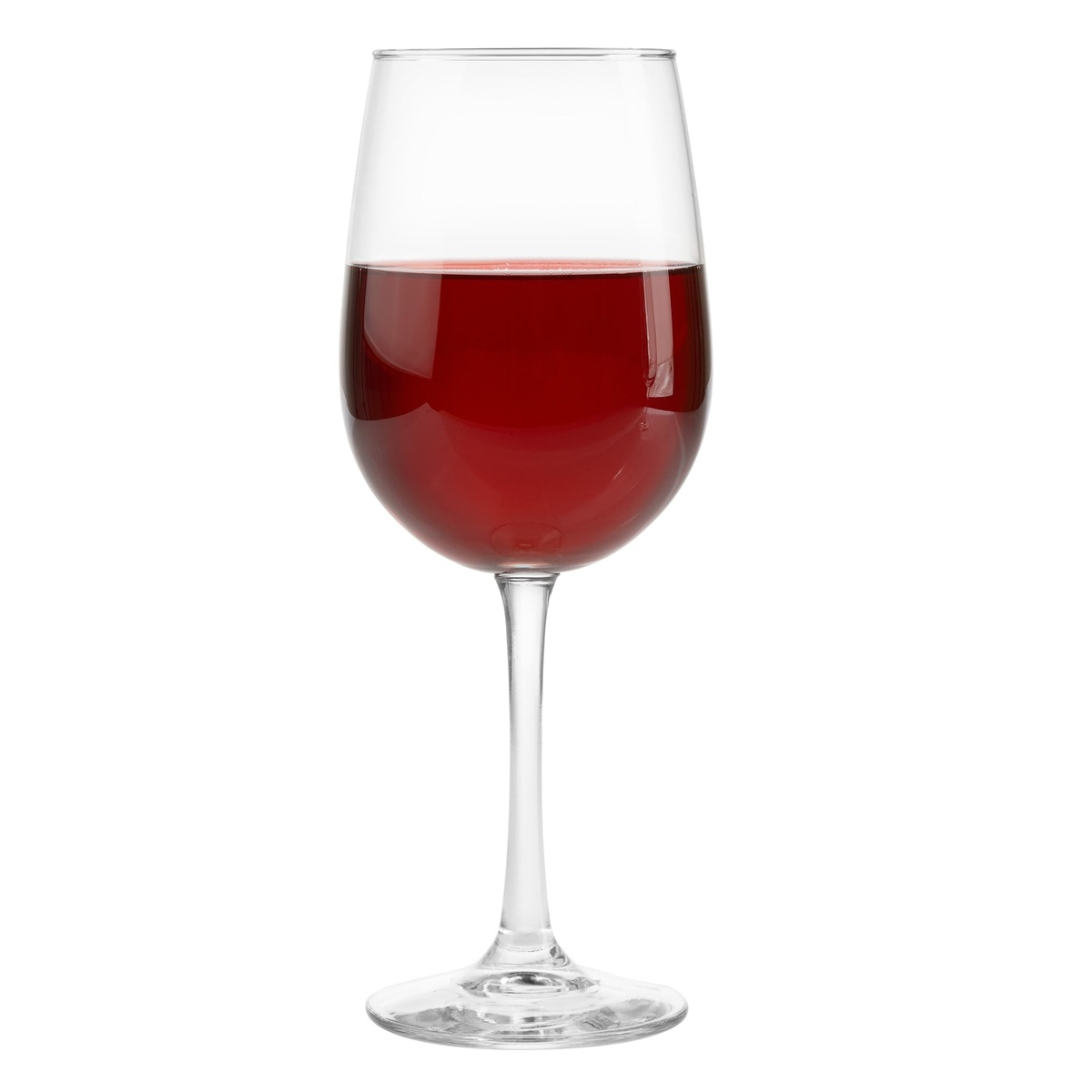 Libbey Vina tall wine glass filled with red wine on white background