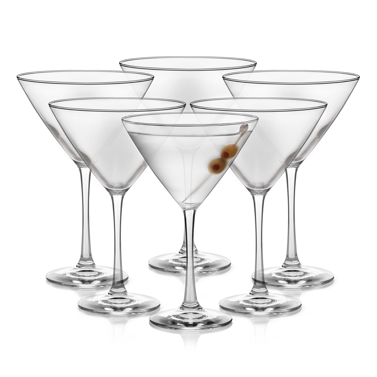 Set of six Libbey Vina 12 oz. martini glasses arranged on a white background, one filled with a martini and olive garnish