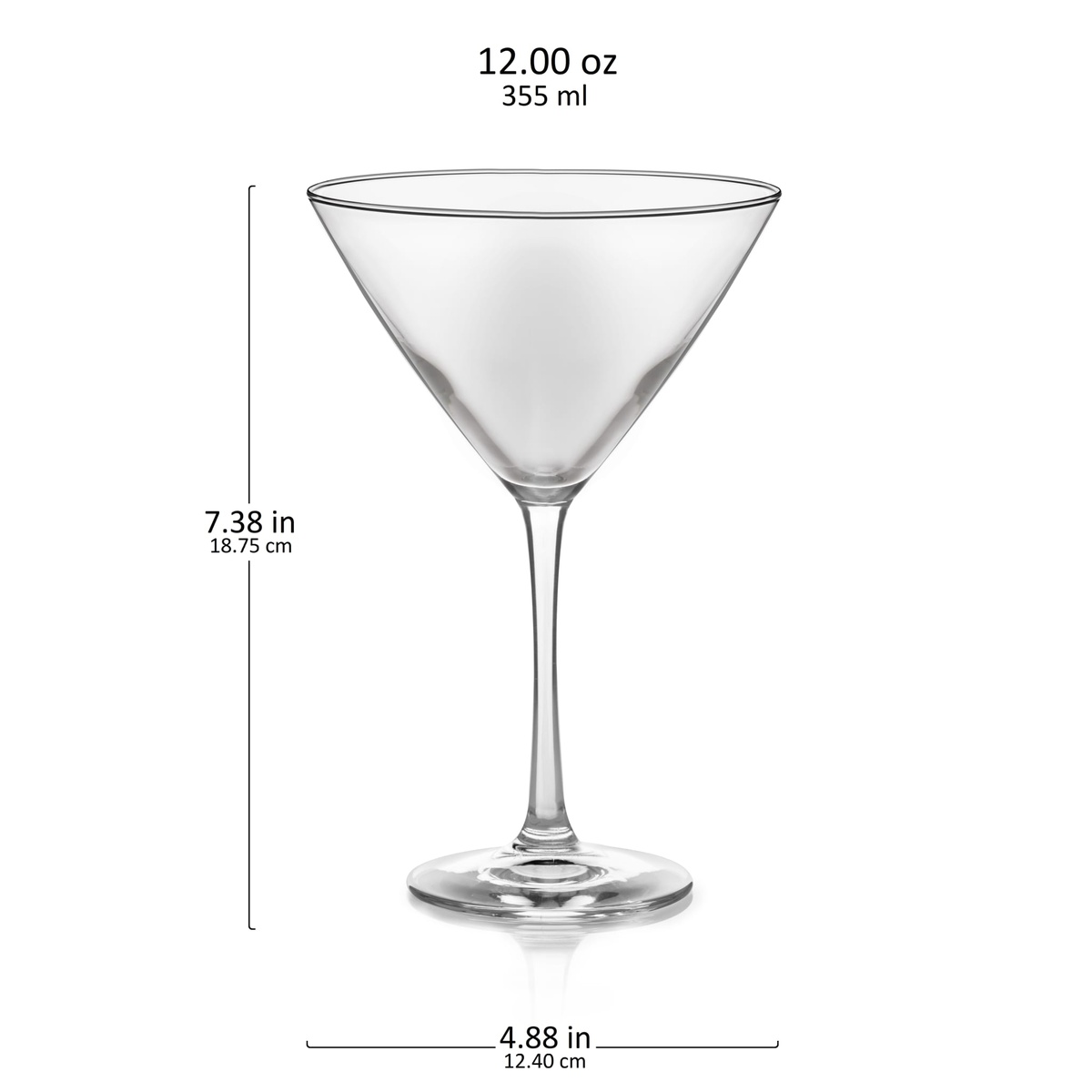 Libbey Vina 12 oz. martini glass dimension diagram showing 7.38 inch height and 4.88 inch width