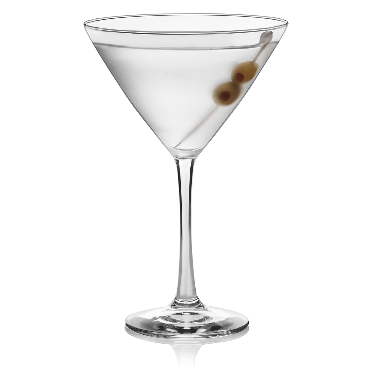 Single Libbey Vina 12 oz. martini glass on white background with olive garnish on a cocktail pick