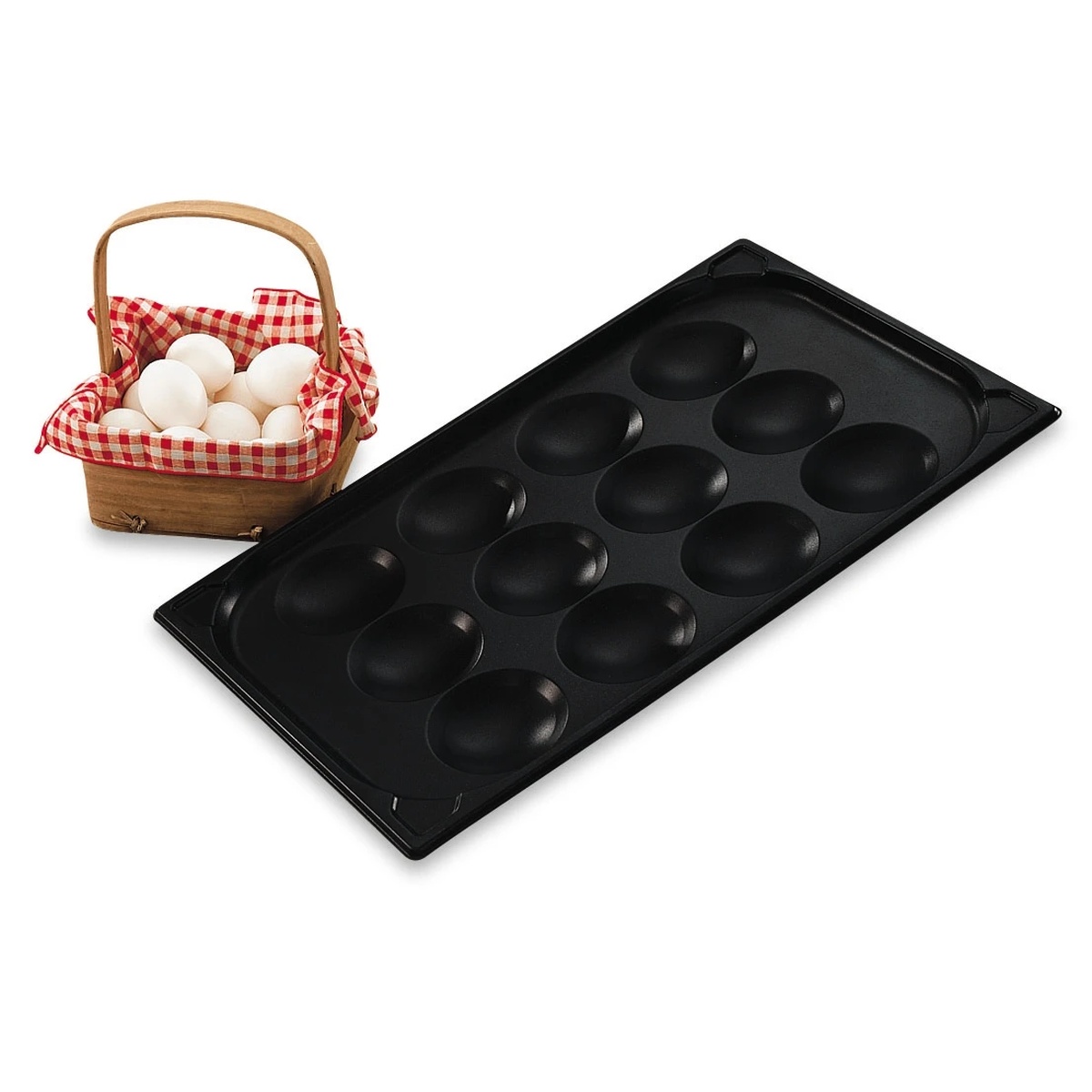 Vollrath 75080 black aluminum egg poacher plate with twelve oval cup indentations on a white background
