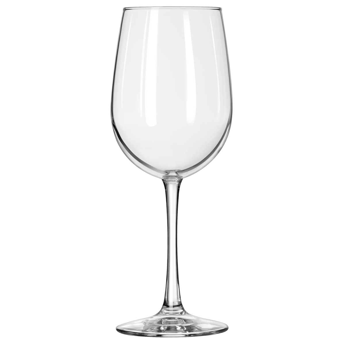 Empty Libbey Vina 7510 tall wine glass showing full stem and bowl profile on white background