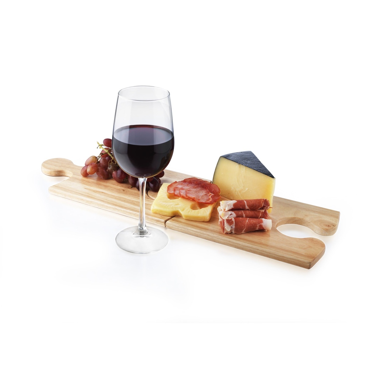 Libbey Vina tall wine glass with red wine displayed alongside a charcuterie board with cheese, meat, and grapes