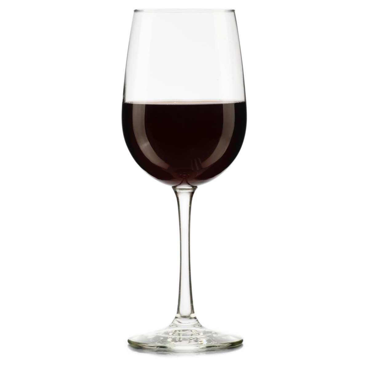 Libbey Vina 7510 tall wine glass filled with red wine on white background