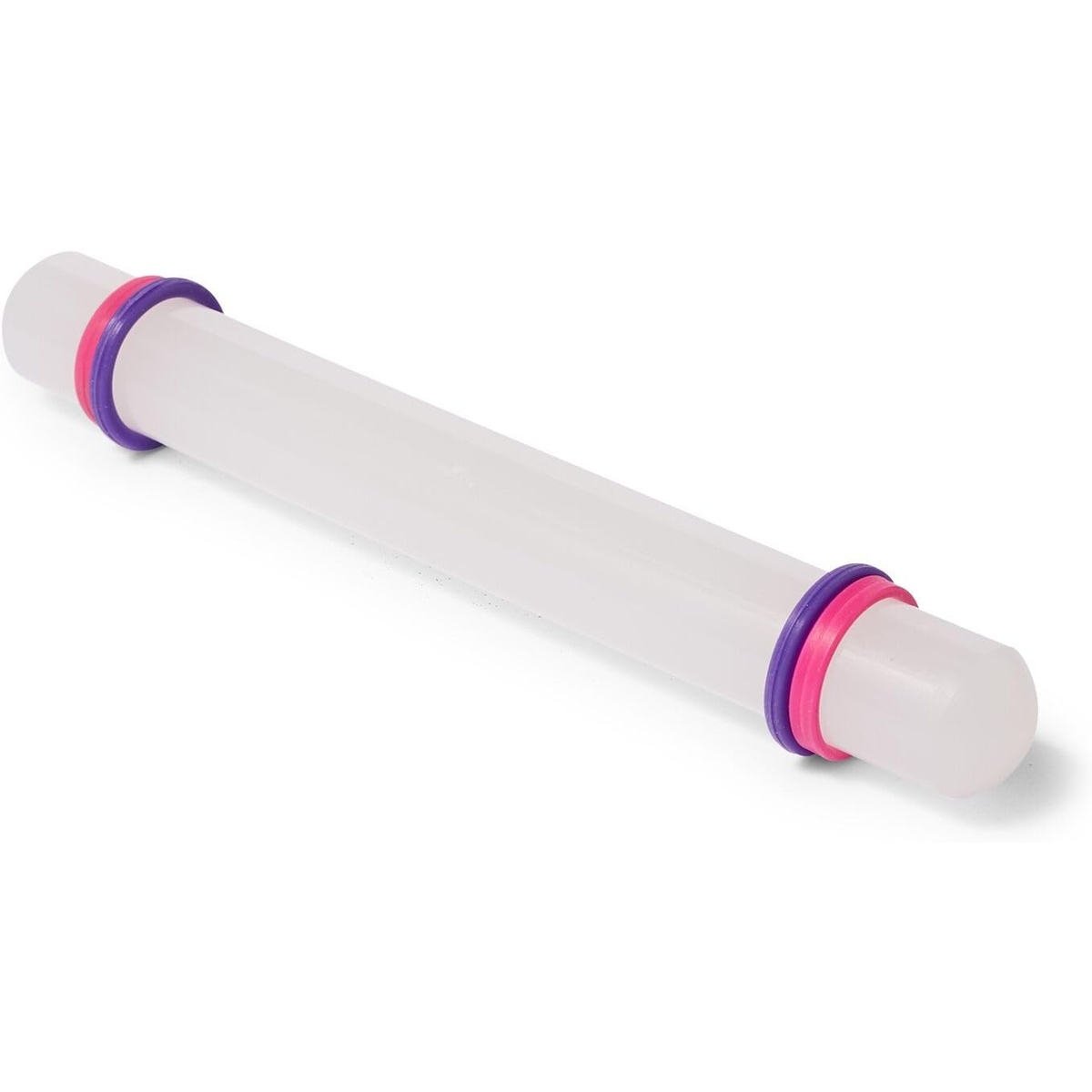Ateco 7512 white nonstick fondant rolling pin with pink and purple adjustable thickness bands on each end
