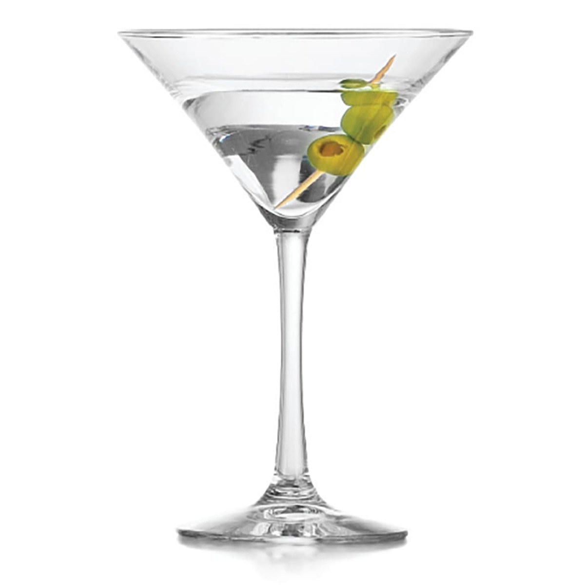 Libbey Vina 8 oz martini glass on white background with olive garnish on a toothpick