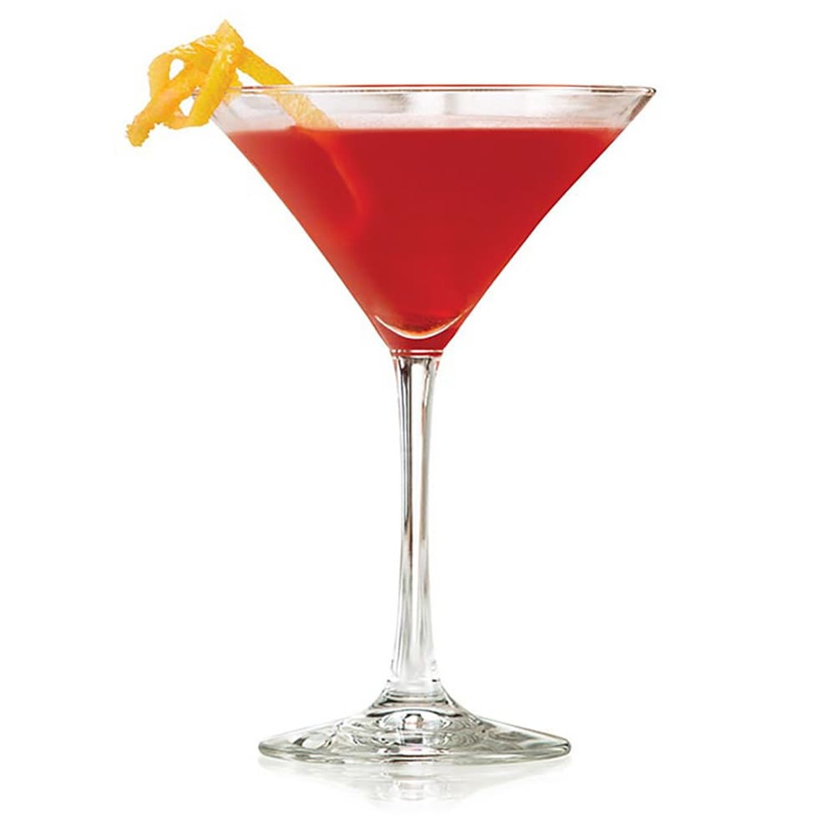 Libbey Vina 8 oz martini glass filled with a red cosmopolitan cocktail and orange twist garnish