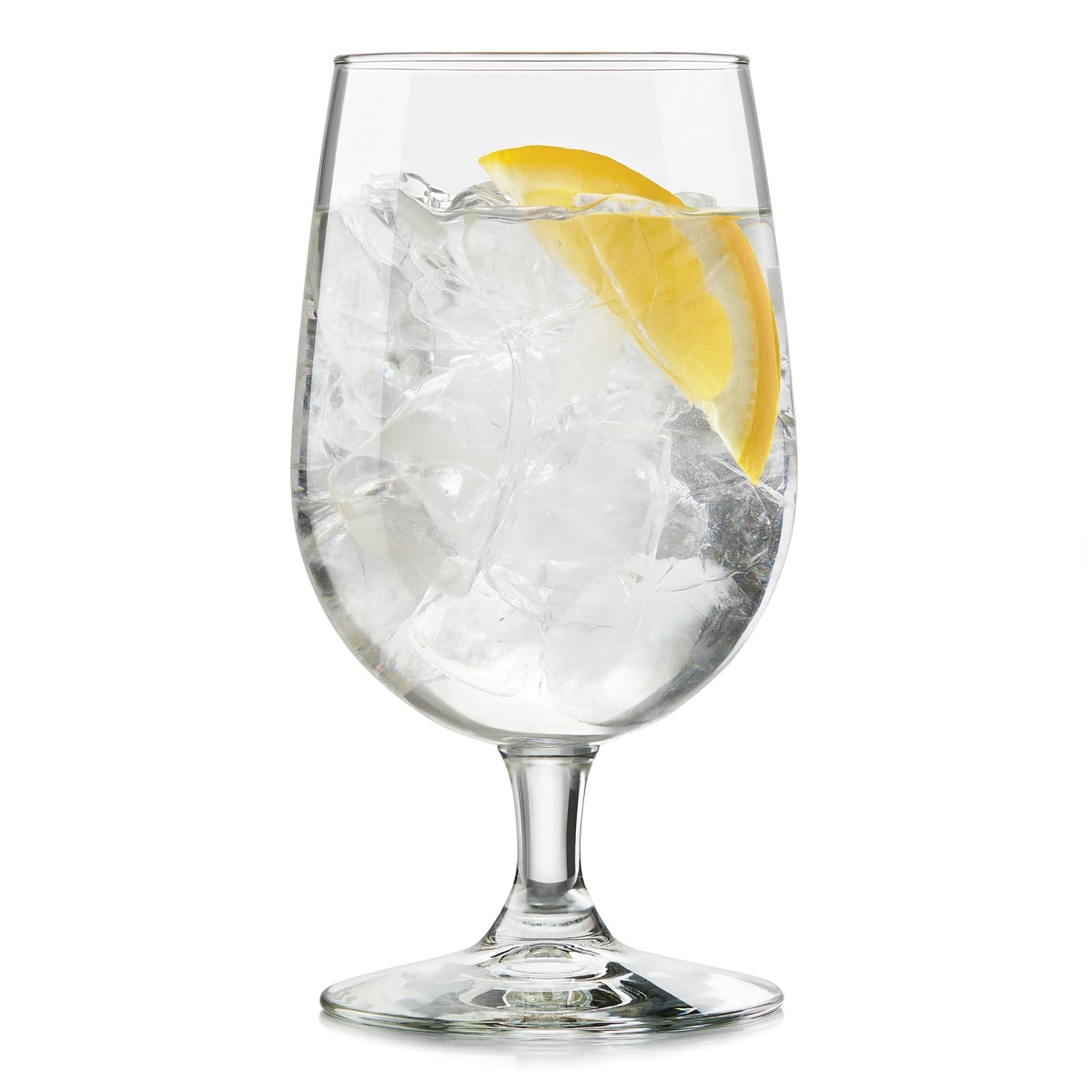 Libbey Vina 7513 16 oz clear goblet glass filled with ice water and a lemon slice on a white background