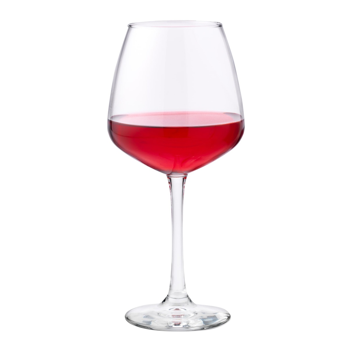 Libbey Vina 7515 diamond balloon wine glass filled with red wine on white background