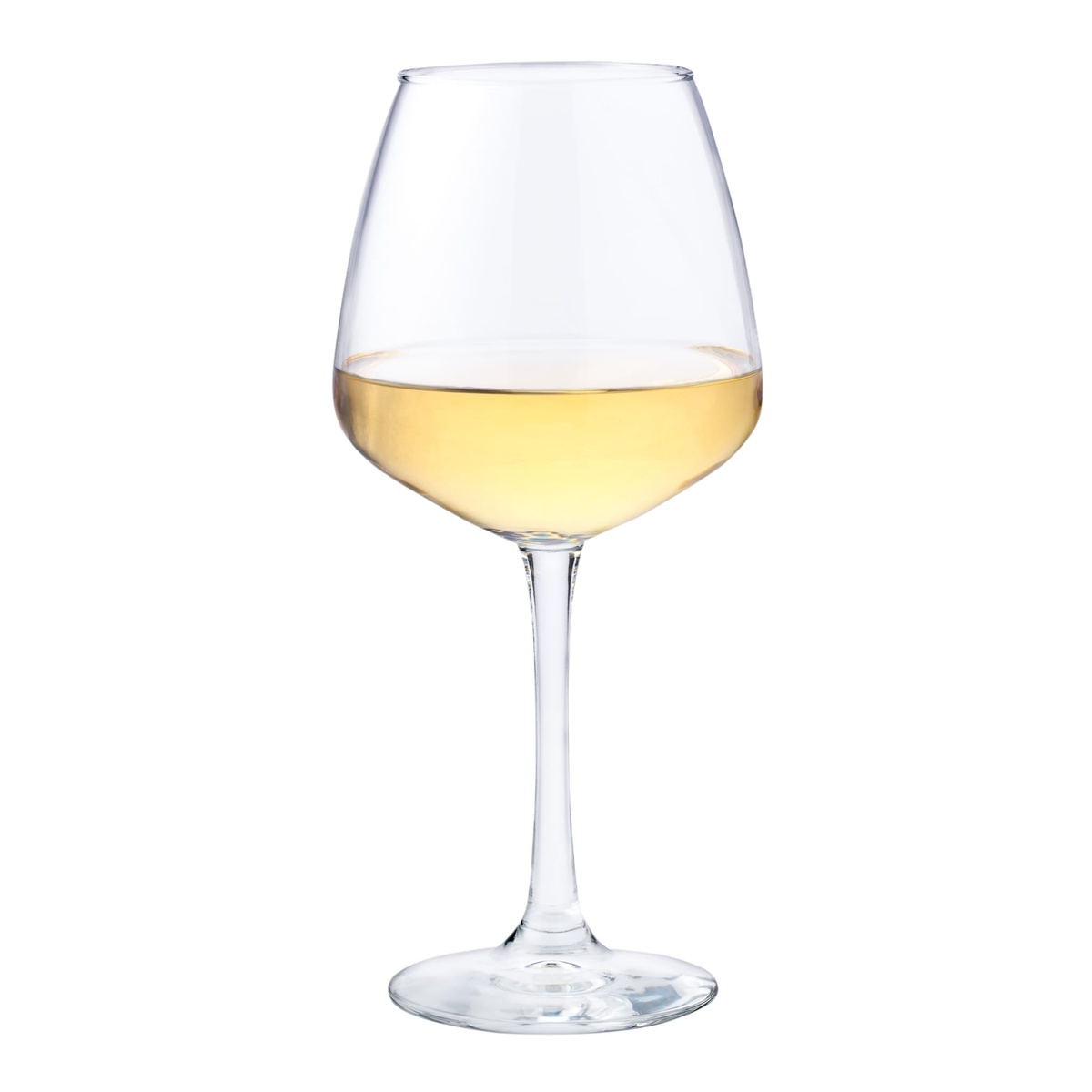 Libbey Vina 7515 diamond balloon wine glass filled with white wine on white background