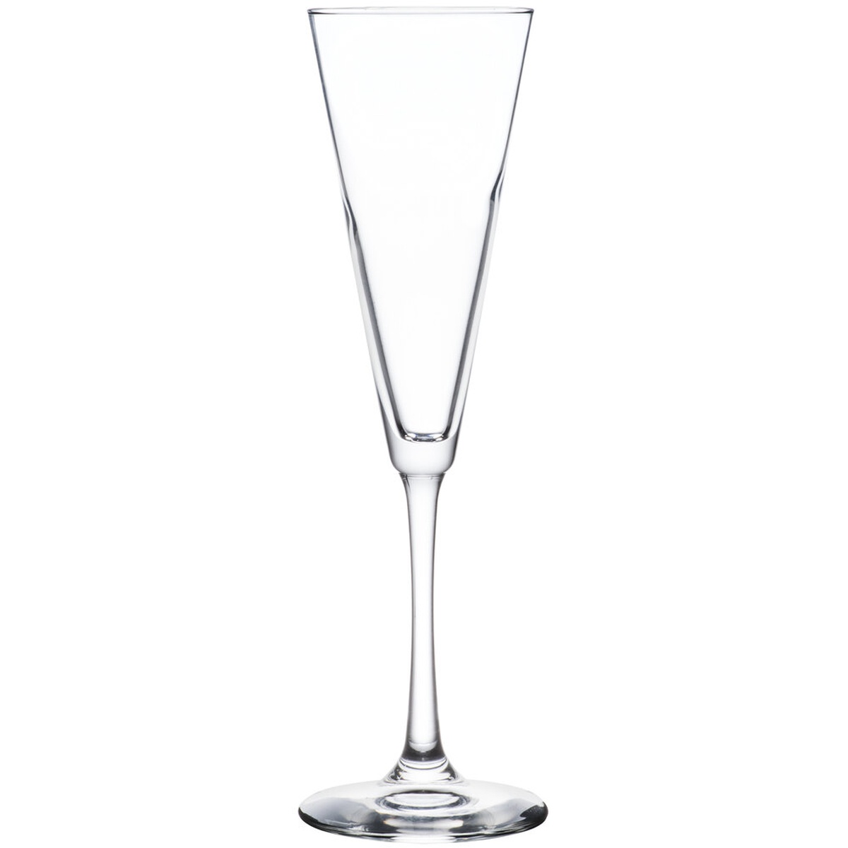 Libbey 7552 Vina 6.5 oz clear trumpet flute glass with elongated stem and triangular bowl on white background