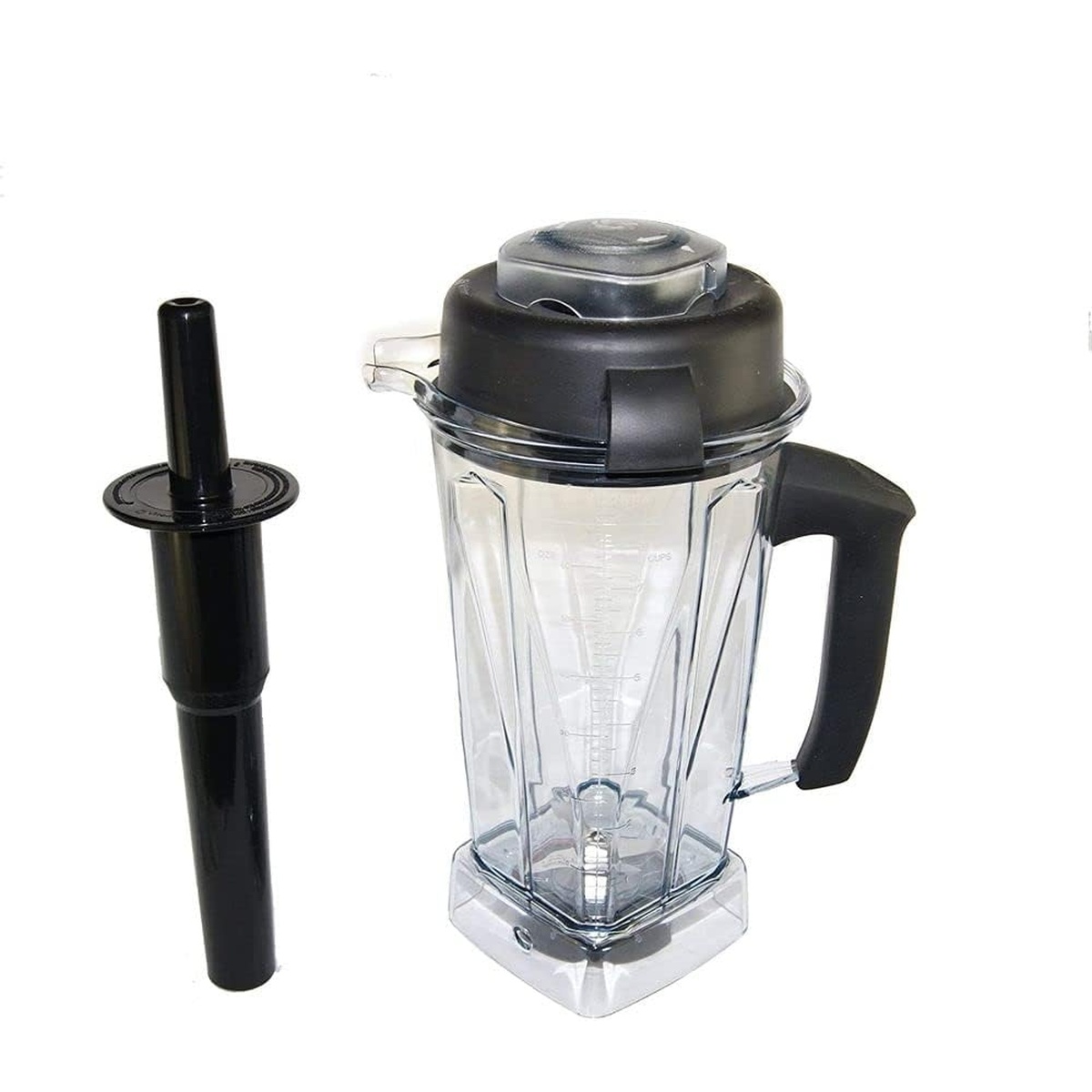 Vitamix 64 oz container with lid shown next to a mixing tool