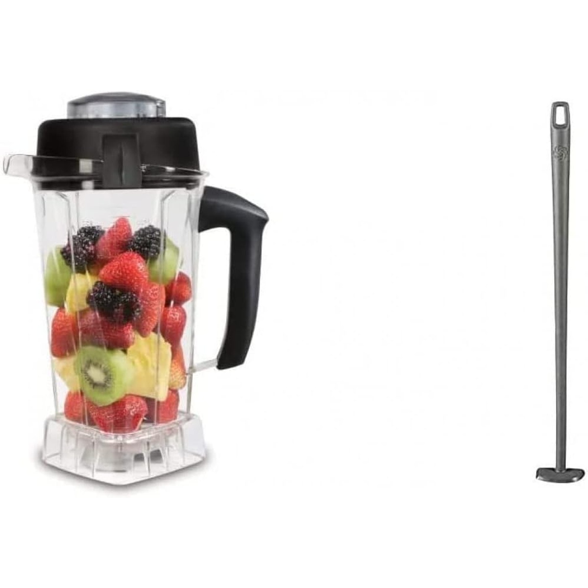 Clear Vitamix blender container with handle and lid shown with a long mixing tool