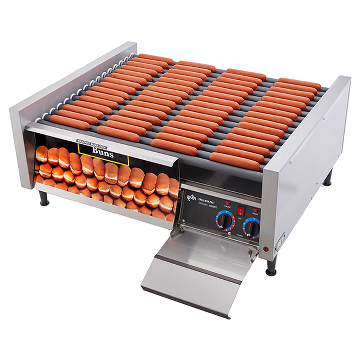 Star 75SCBD Grill-Max roller grill loaded with hot dogs on slanted rollers and bun drawer below
