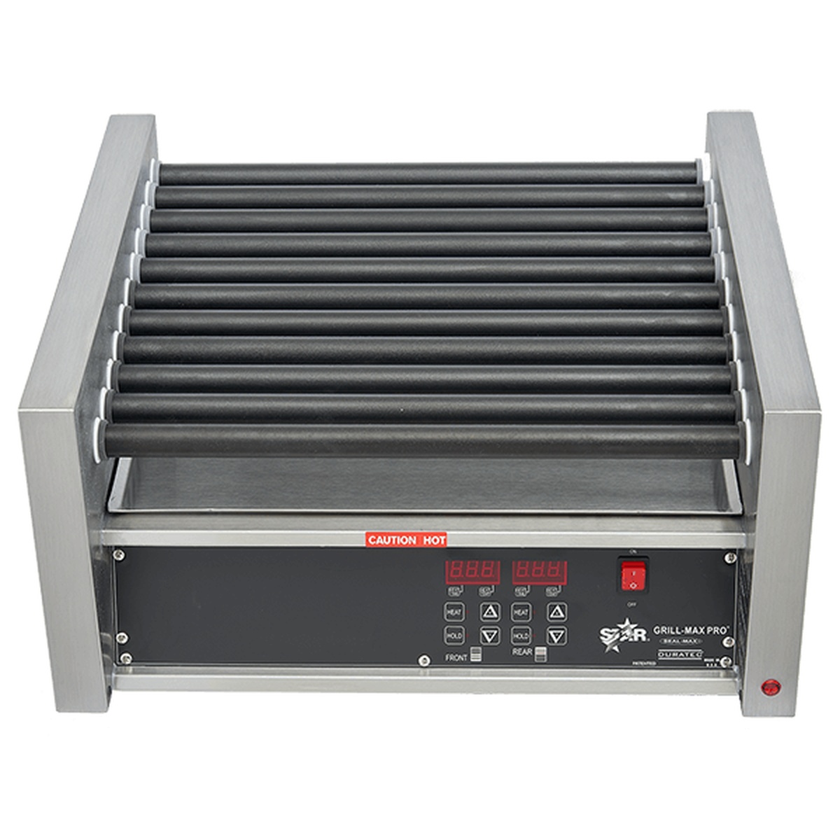 Star Grill-Max roller grill front view showing slanted roller deck and digital controls