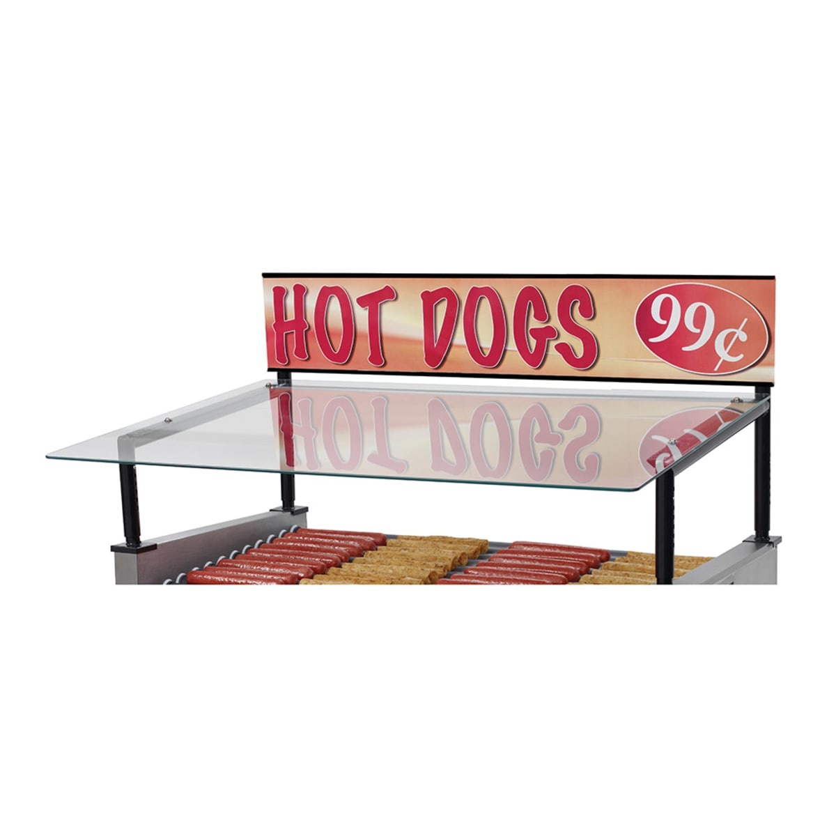 Star 75SG-G Grill-Max sneeze guard with tempered glass canopy and powder-coated steel frame mounted over a hot dog roller grill