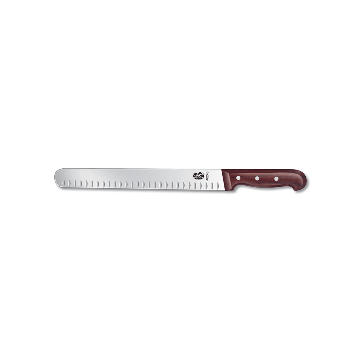 Victorinox 7.6059.11 12-inch Granton edge slicer knife with brown rosewood handle on white background