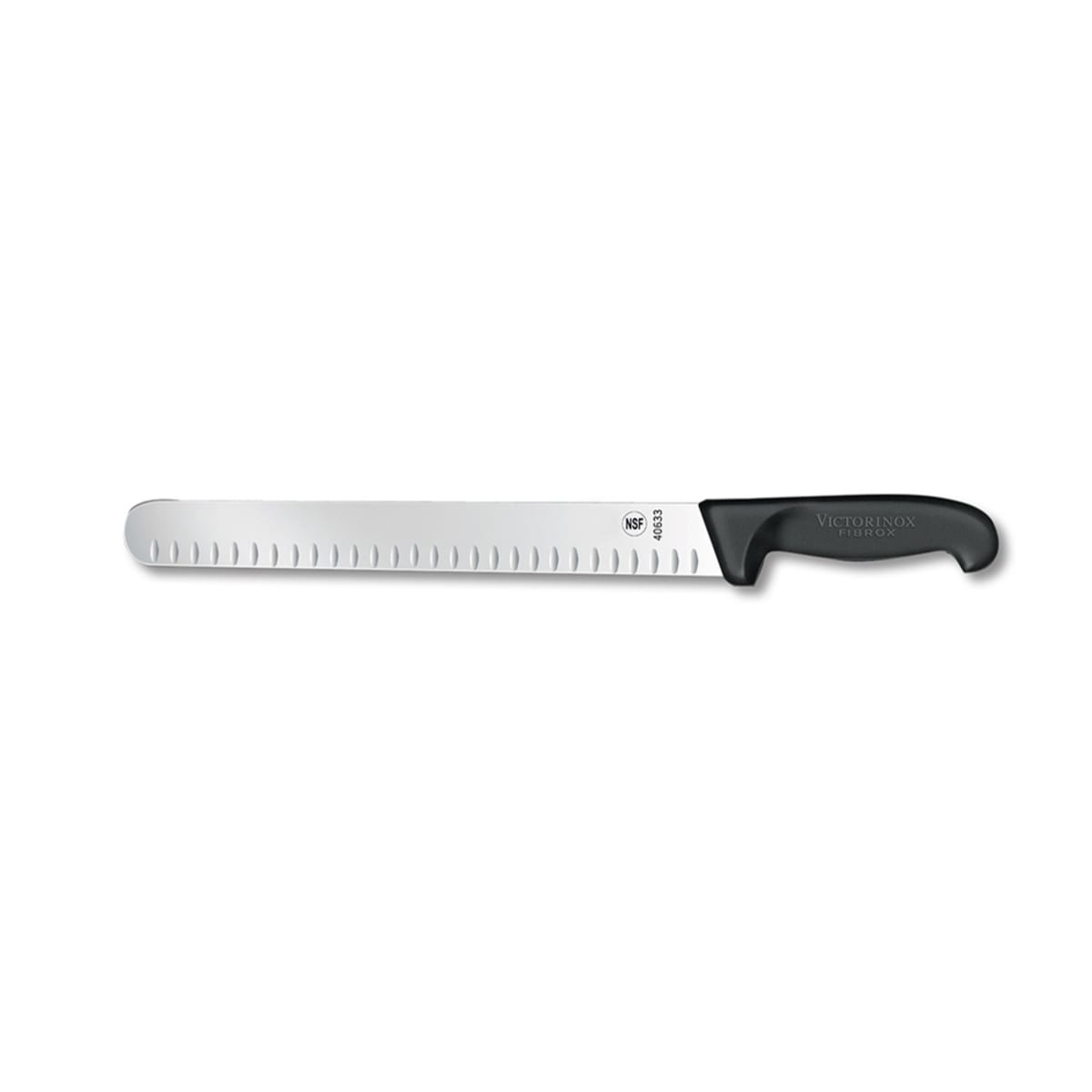Victorinox 7.6059.13 10-inch Granton edge slicer knife with black Fibrox handle on white background