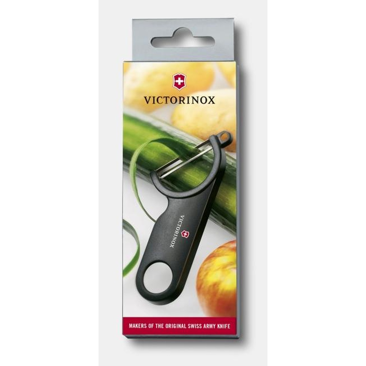 Victorinox 7.6073.3 black peeler shown in retail carded packaging