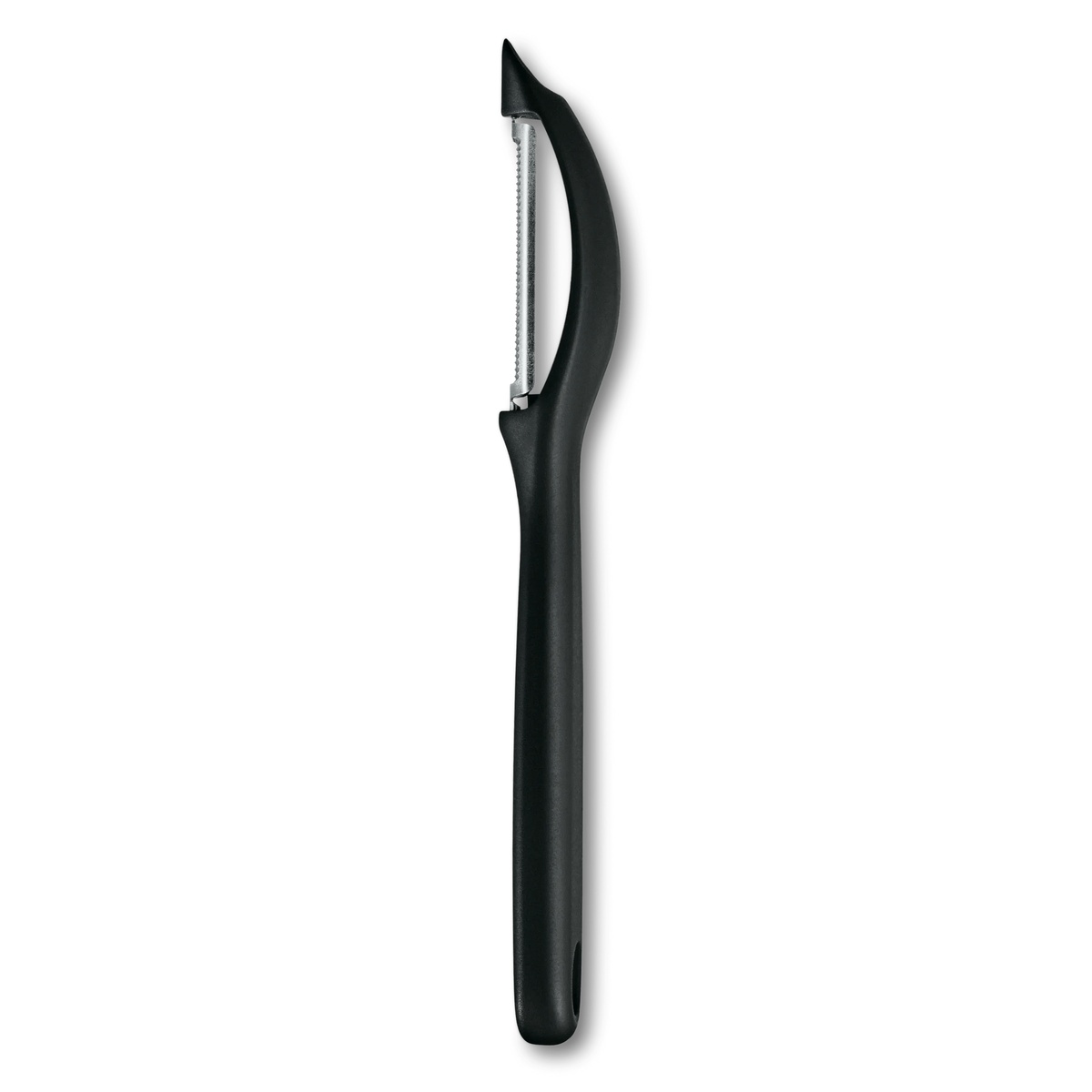 Victorinox Universal Peeler 7.6075 side profile showing curved black handle and serrated stainless steel blade