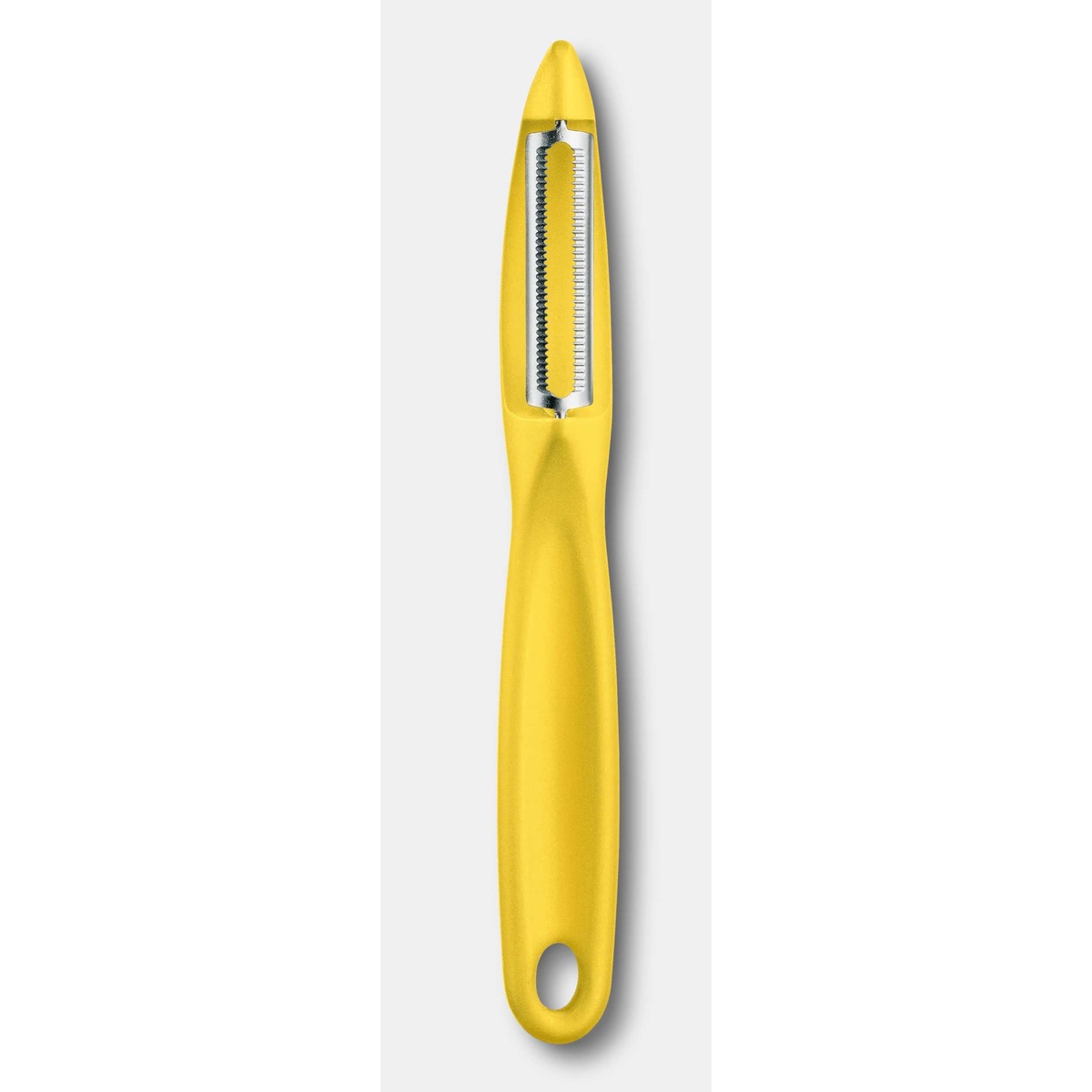 Front view of the Victorinox yellow universal peeler showing the serrated blade