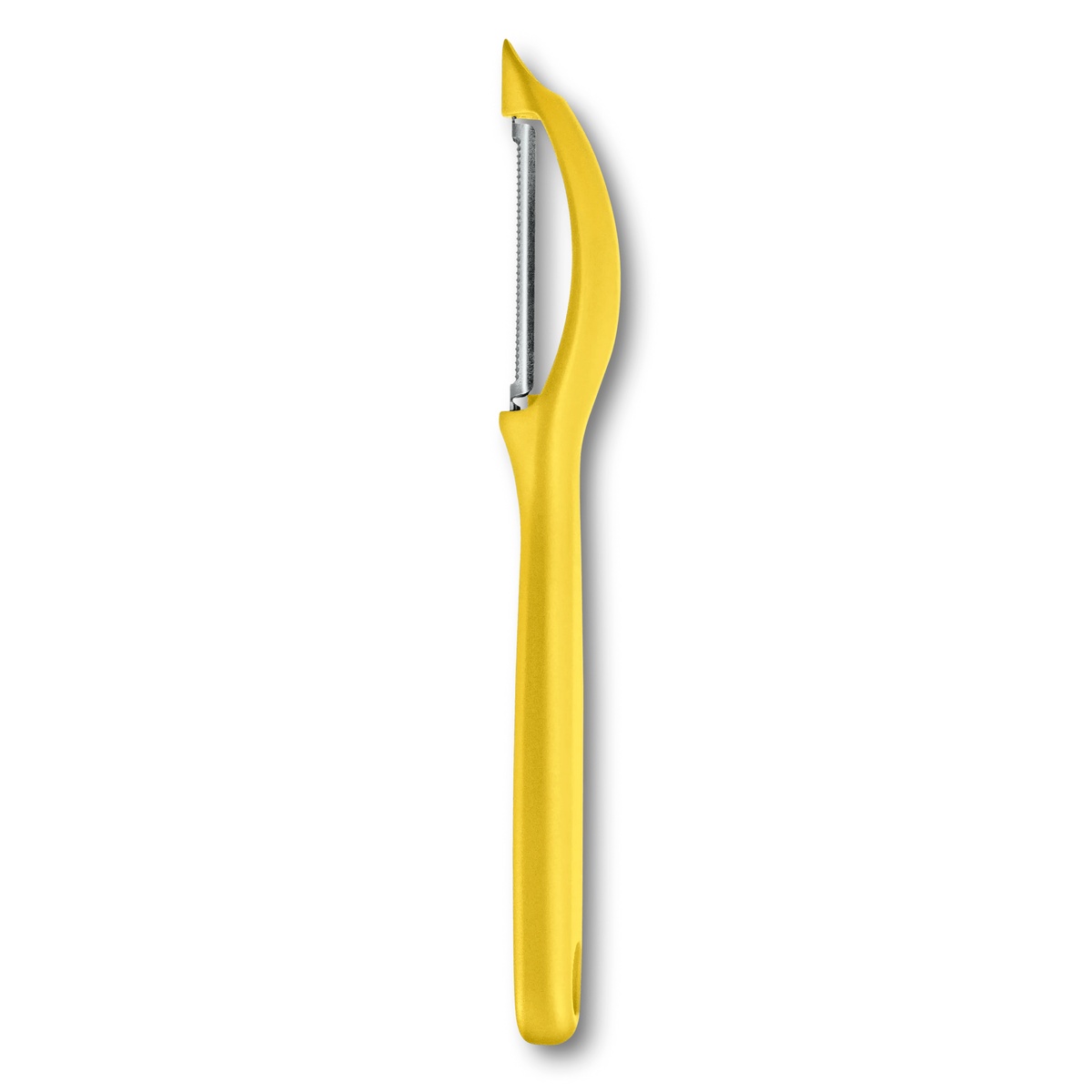Side profile of the ergonomic yellow handle of the Victorinox peeler
