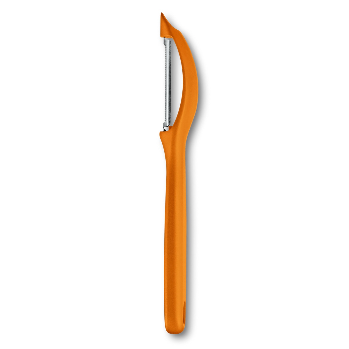 Victorinox Universal Peeler 7.6075.9 in orange, side profile view showing curved body and serrated stainless steel blade
