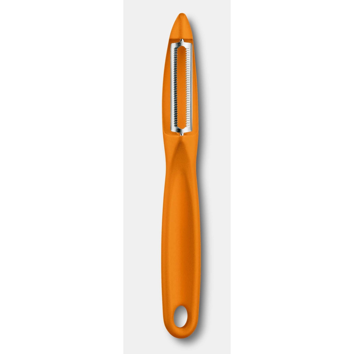 Victorinox Universal Peeler 7.6075.9 in orange, front flat view showing full serrated blade and ergonomic handle with hanging hole