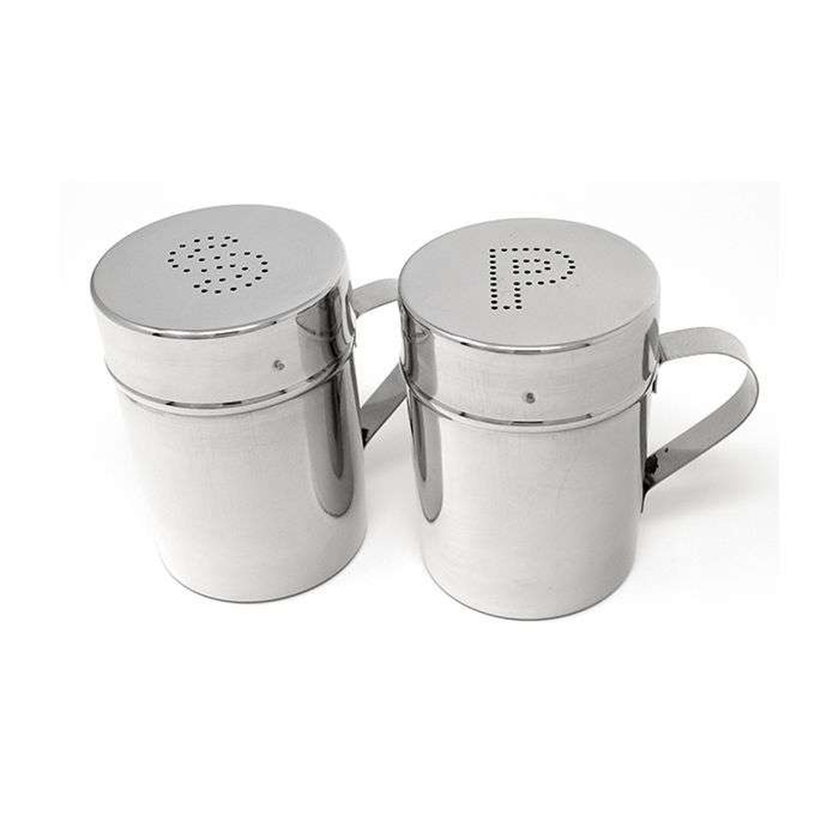 Norpro stainless steel salt and pepper shaker set with handles, both shakers shown side by side on white background