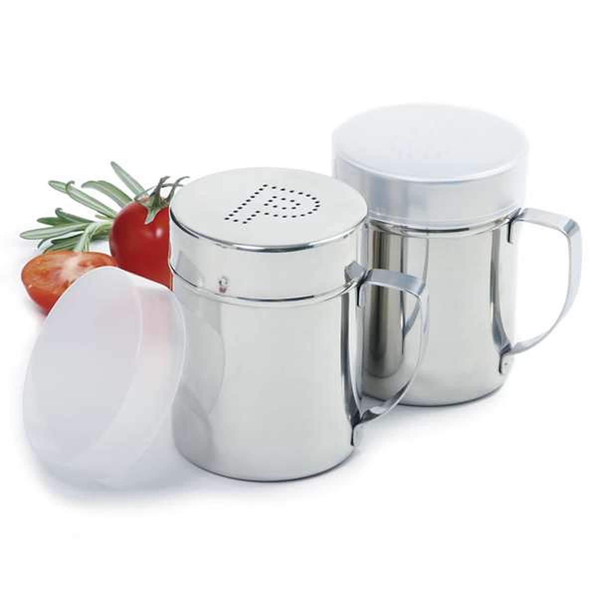 Norpro stainless steel shaker set with one plastic sealing cap removed, showing the cap and both shakers