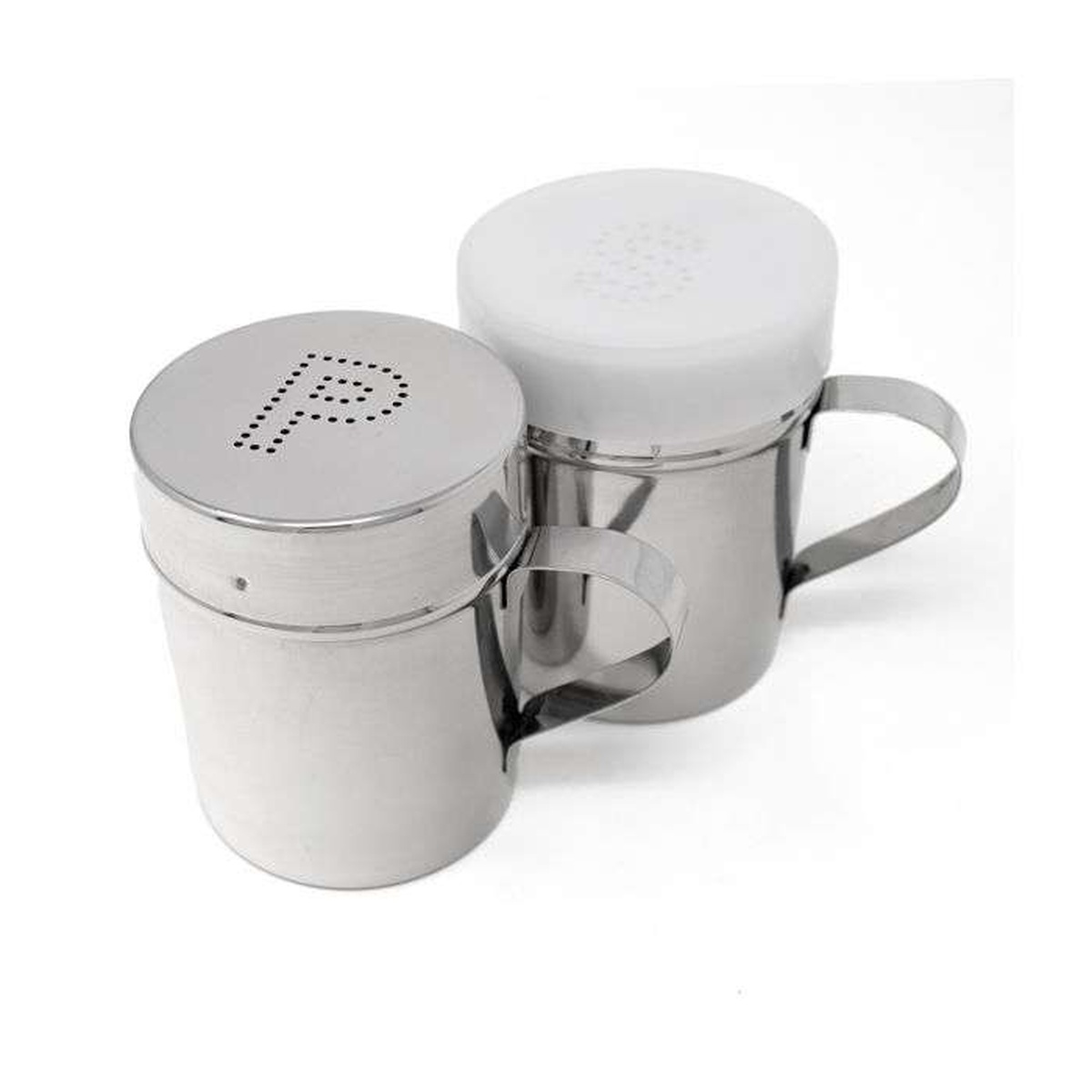 Norpro salt and pepper shaker set showing one shaker with stainless steel lid and the other with white plastic sealing cap