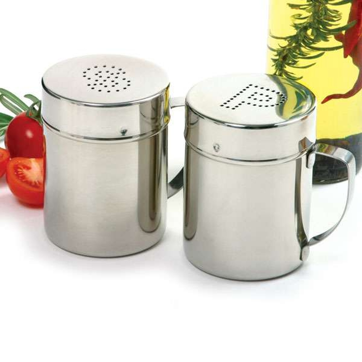 Two Norpro stainless steel salt and pepper shakers with handles shown side by side with perforated lids