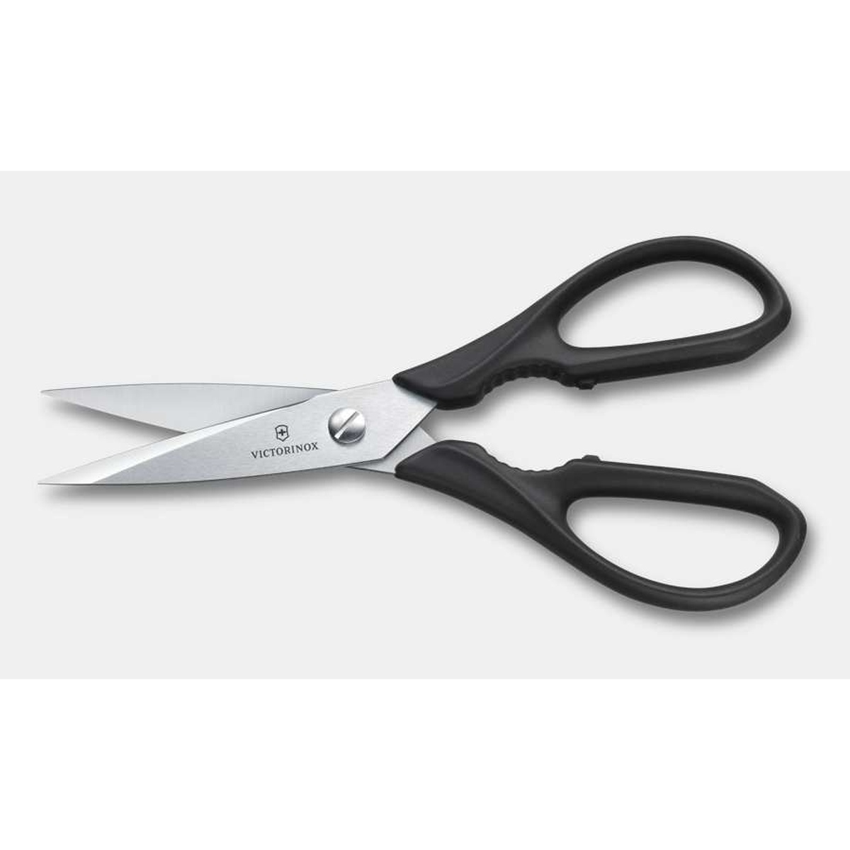 Victorinox Kitchen Shears shown open, highlighting micro-serrated stainless steel blade edges