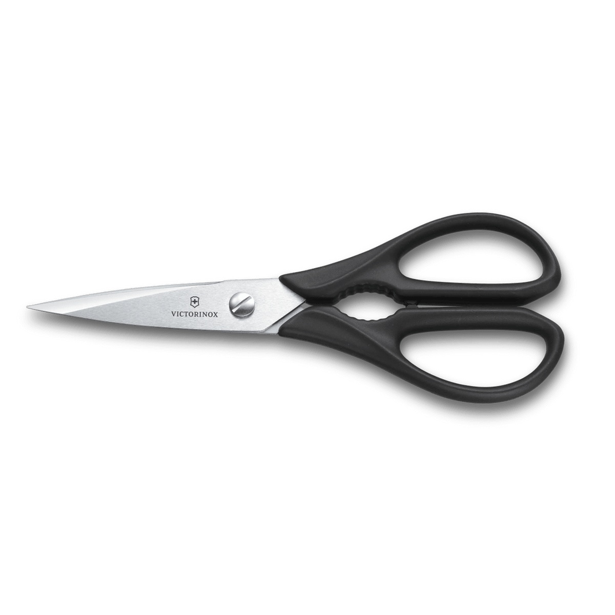 Victorinox Multipurpose Kitchen Shears closed, showing stainless steel blades and black synthetic handles