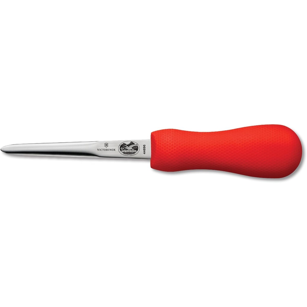 Victorinox Boston style oyster knife with a 3-inch narrow stainless steel blade and red SuperGrip handle