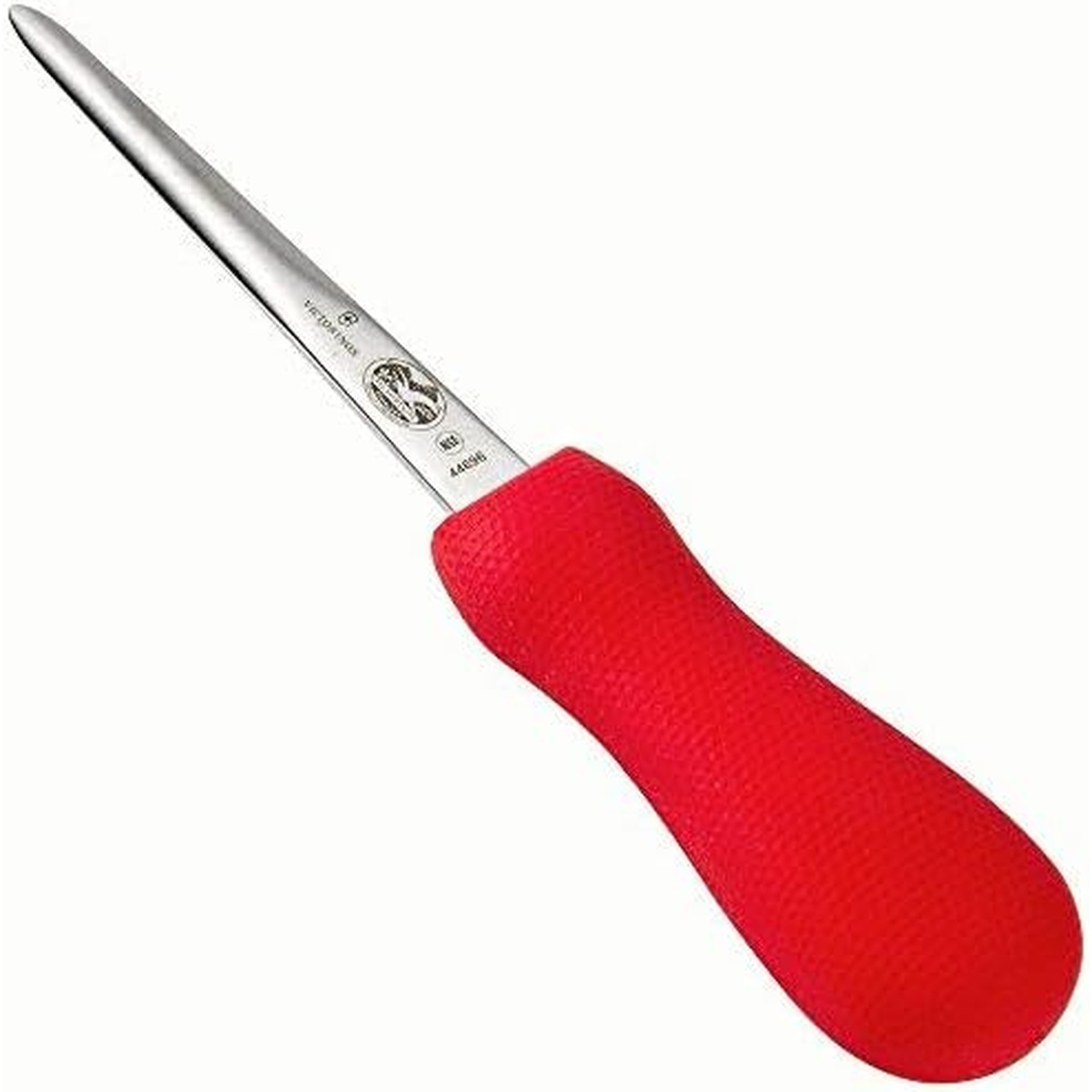 Angled view of the Victorinox oyster knife highlighting the textured red slip-resistant handle