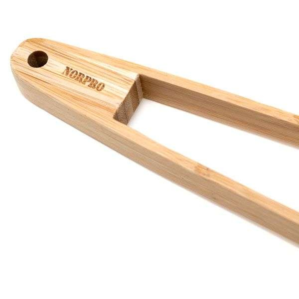 Close-up of bamboo tong handle showing Norpro branding and hanging hole