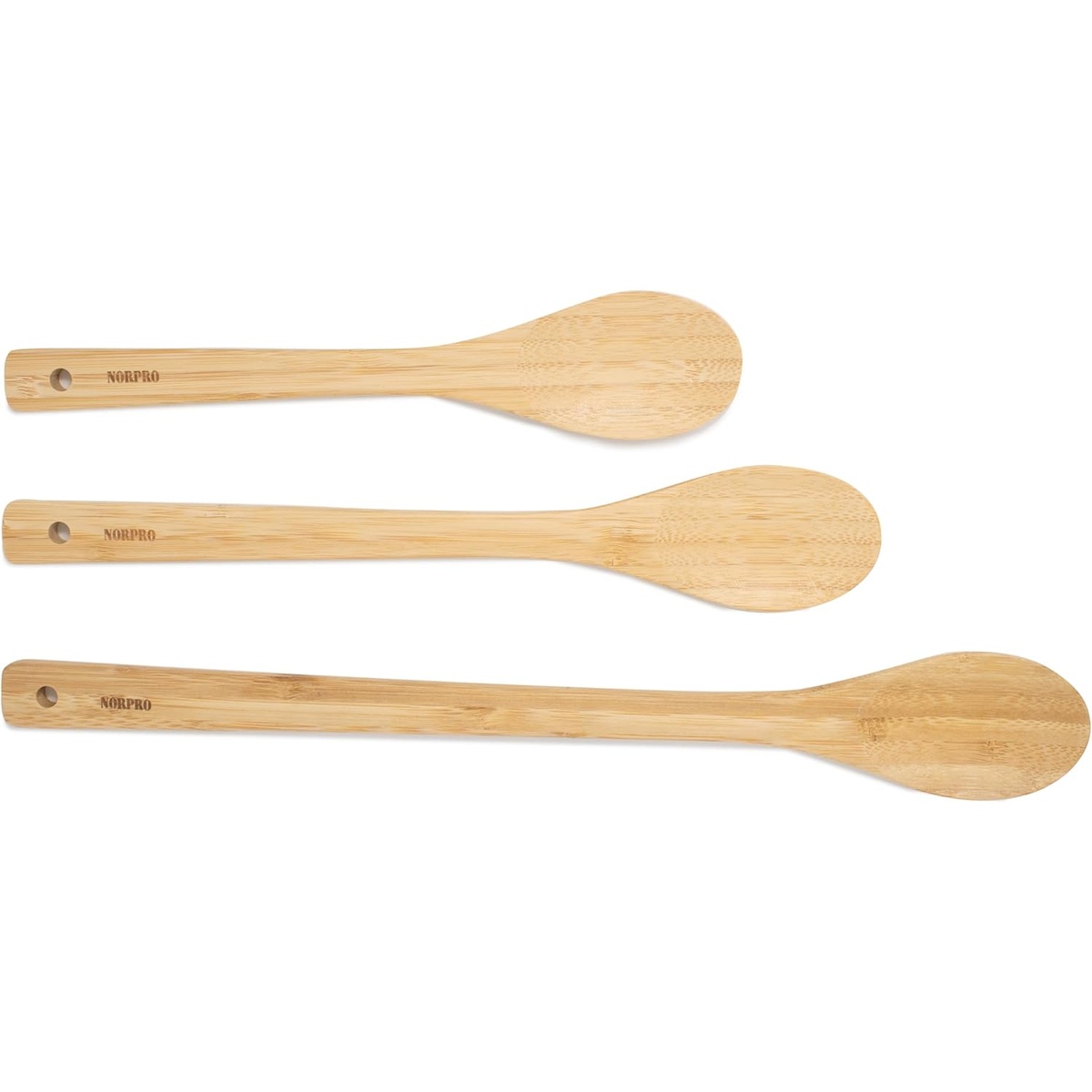 Three Norpro bamboo cooking spoons in different sizes displayed together