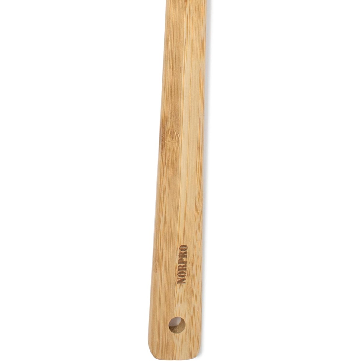 Close-up of Norpro branded bamboo spoon handle showing wood grain detail and hanging hole