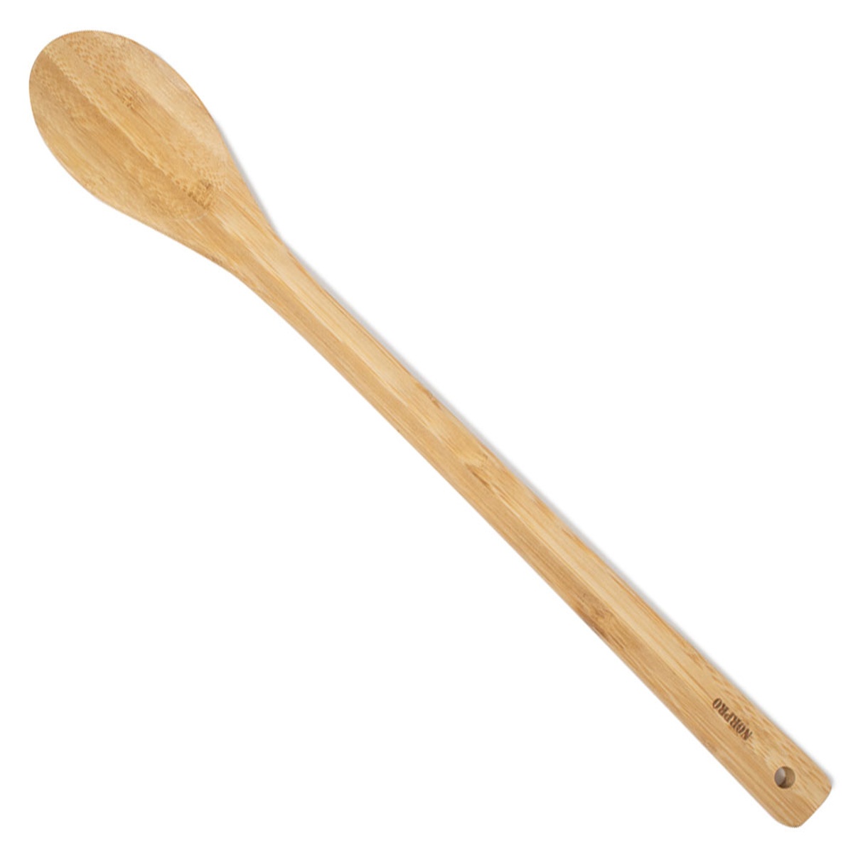 Norpro 15-inch bamboo spoon with flat handle shown at an angle, full length view