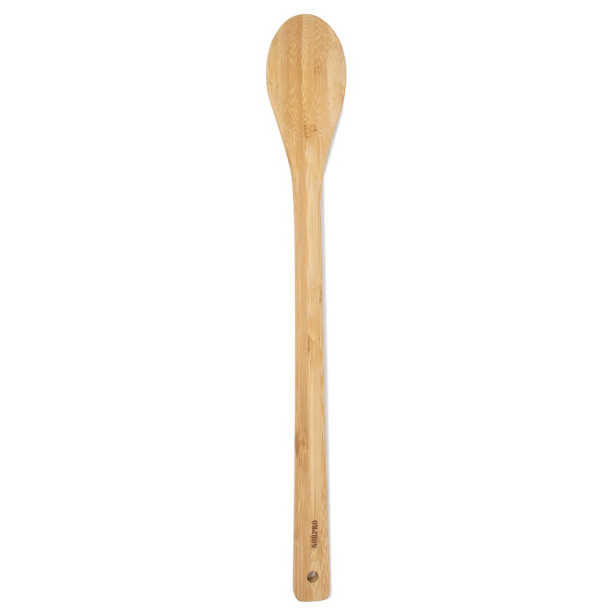 Norpro 15-inch bamboo spoon shown straight on, front face view