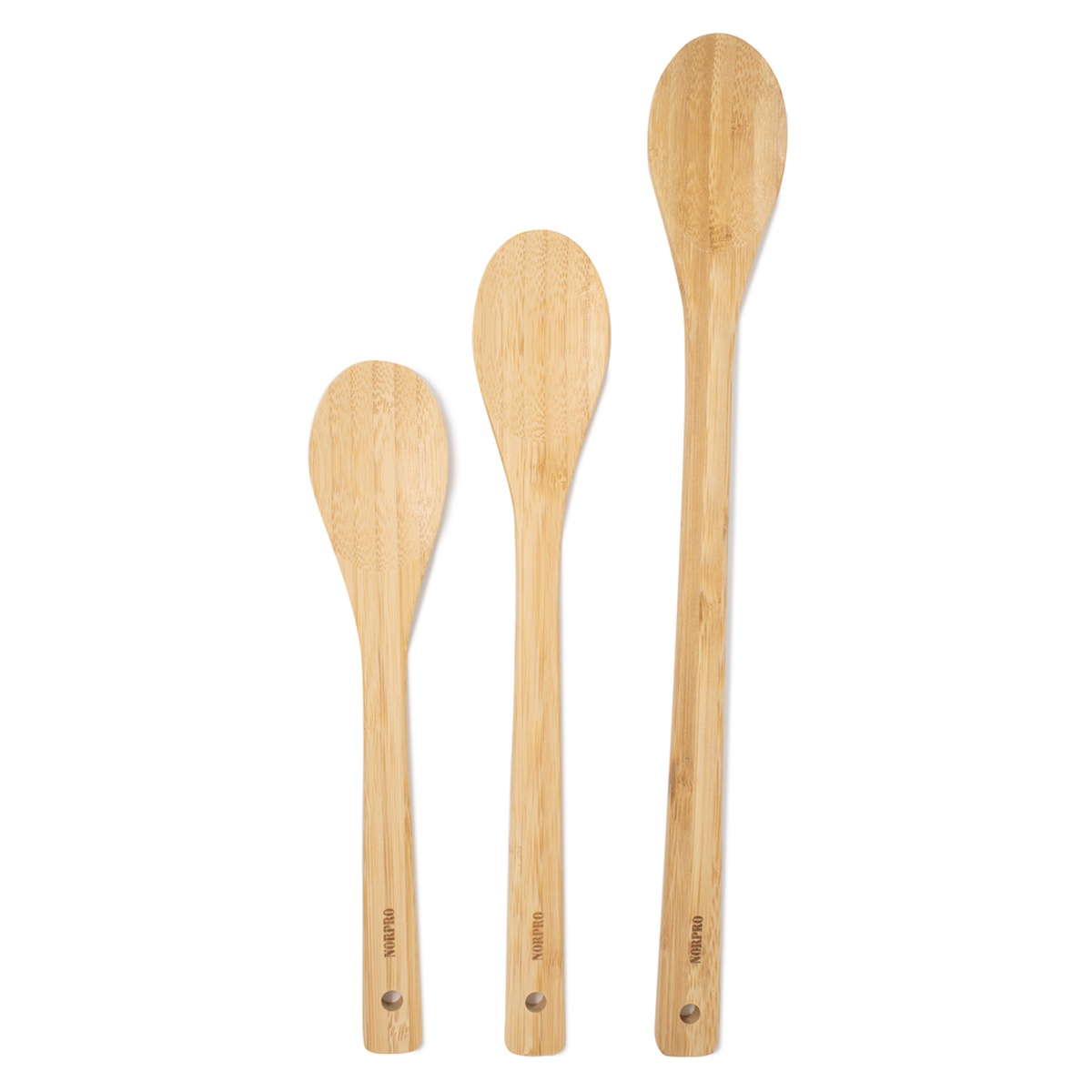 Three Norpro bamboo spoons shown side by side in 10-inch, 12-inch, and 15-inch sizes