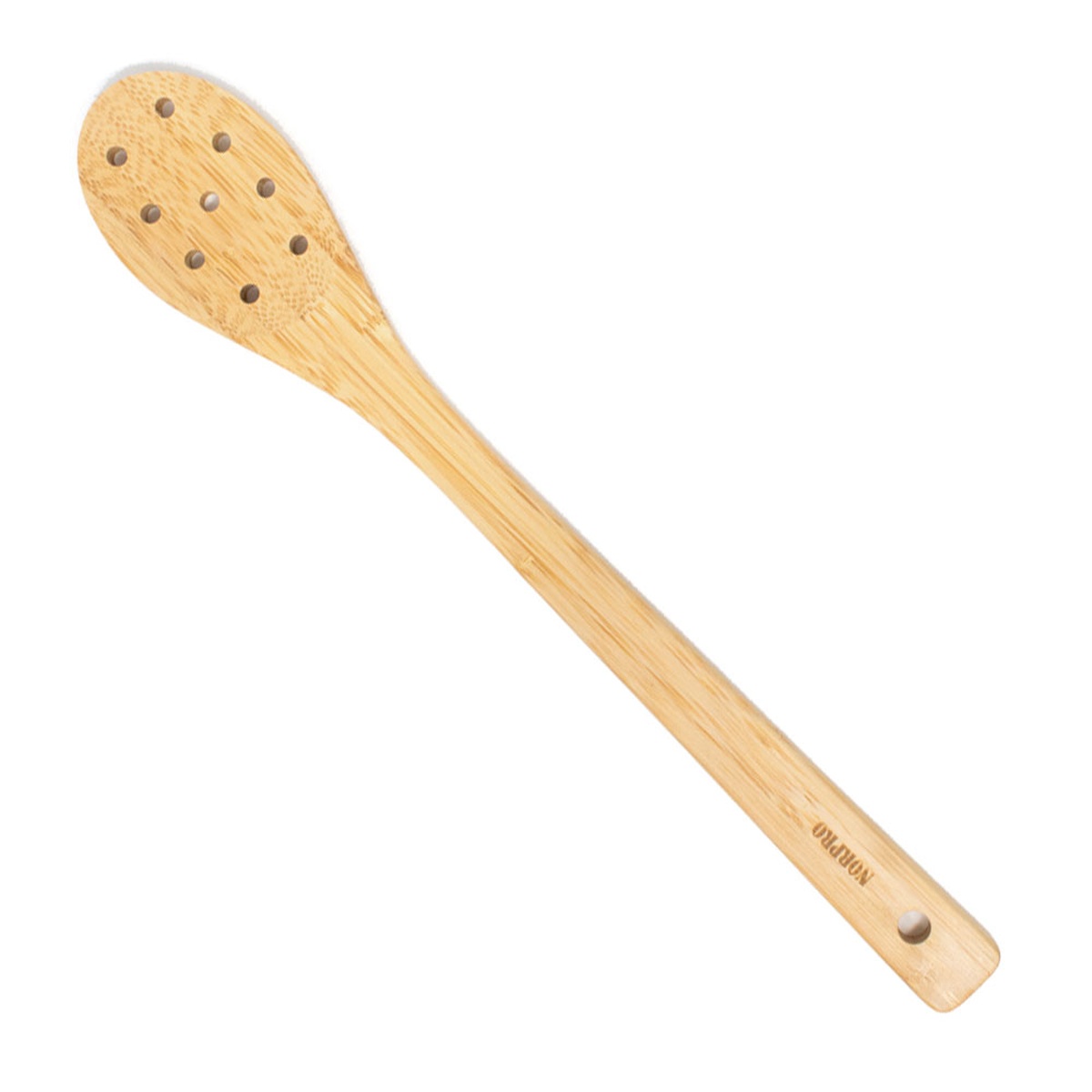 Norpro 12-inch bamboo spoon with holes, angled view showing full length and perforated head