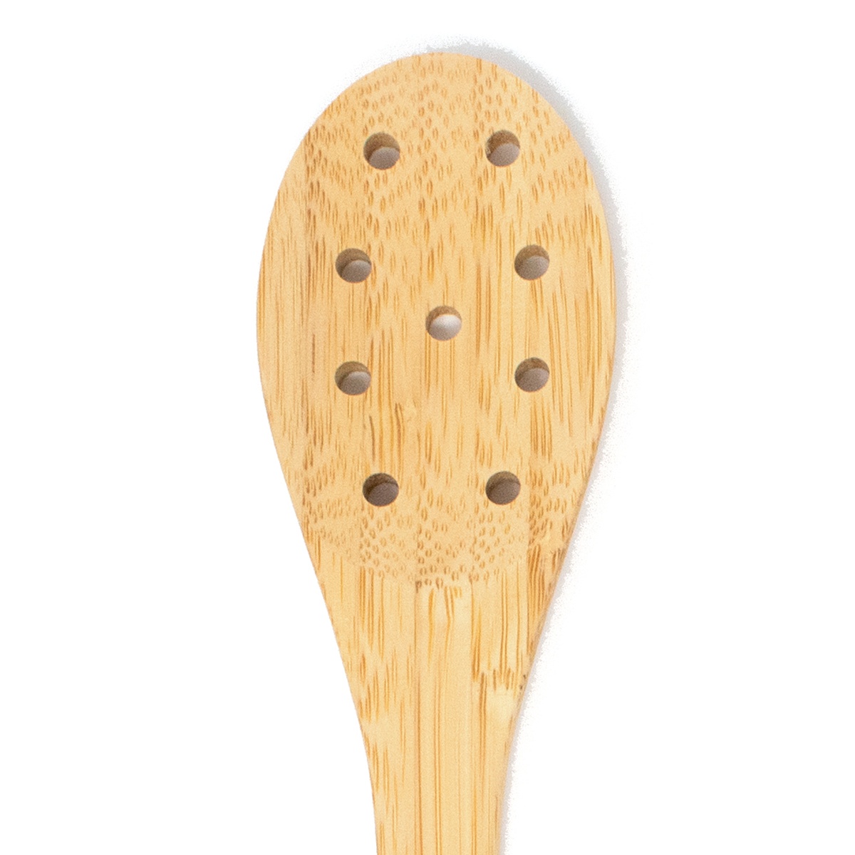 Close-up of the perforated bamboo spoon head showing nine evenly spaced holes