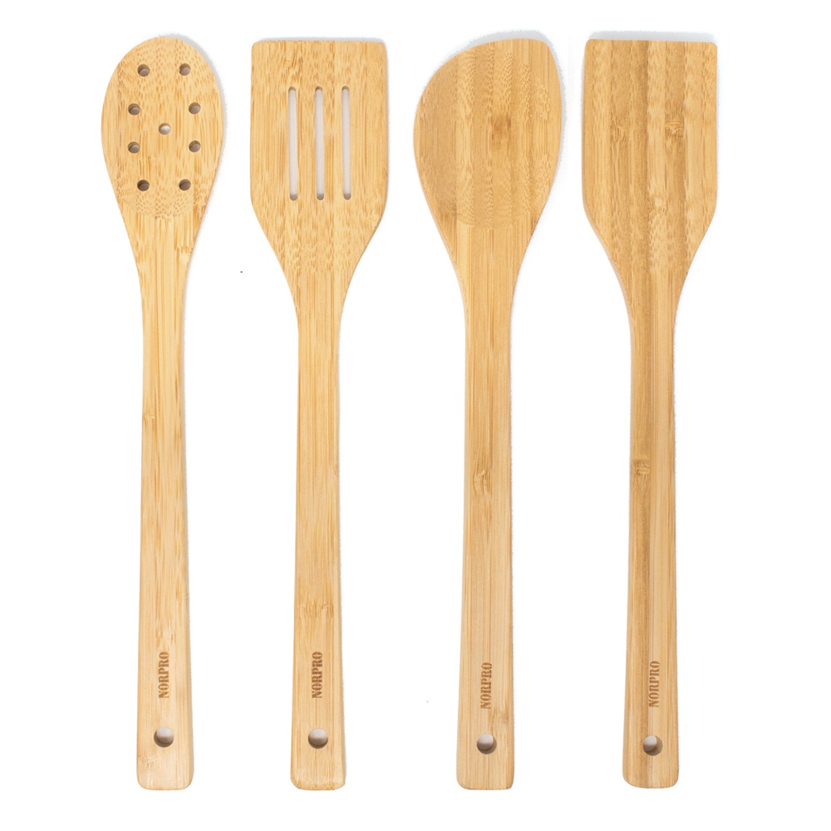 Four Norpro bamboo kitchen utensils displayed side by side, including the perforated spoon, slotted spatula, mixing spoon, and flat spatula
